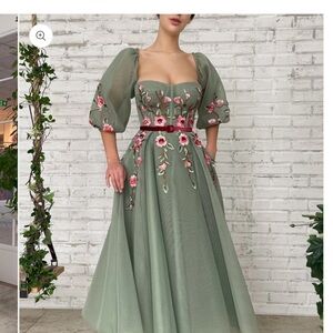 Teuta Matoshi Sage Green Maxi Dress with Pink Floral Embroidery